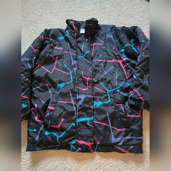 fashion extra Jackets & Blazers - 90s Windbreaker Jacket – Size 16 - black background with pink, blue and teal